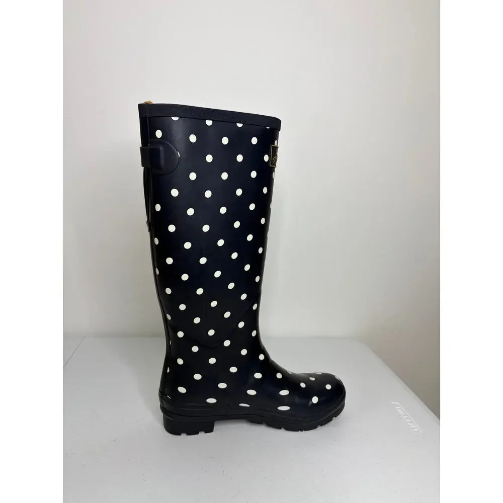 Joules Molly Welly Tall Rain Boots Blue Polka Dot Print Sz US 9 EU 40/41 City